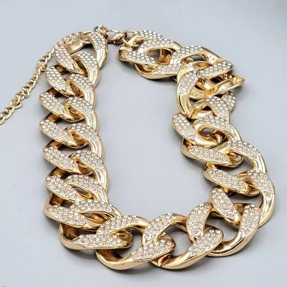 Gold Tone Linking Chain Rhinestone Studded Bib Necklace Collar Length Chunky - Picture 2 of 8